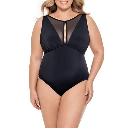 Women’s Plus Size High-Neck One-Piece Swimsuit Sheer Mesh Insert Full Coverage Black 2X (20W–22W)