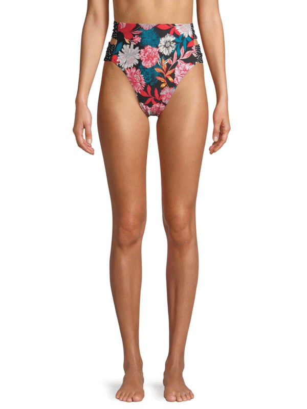 Women’s Wildflower Floral High-Waist Bikini Bottom Rich Black Large (12–14)