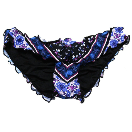 Women's Mermaid Ruffled Bikini Bottom, Floral Print, Limited Coverage, Black Multi – XS