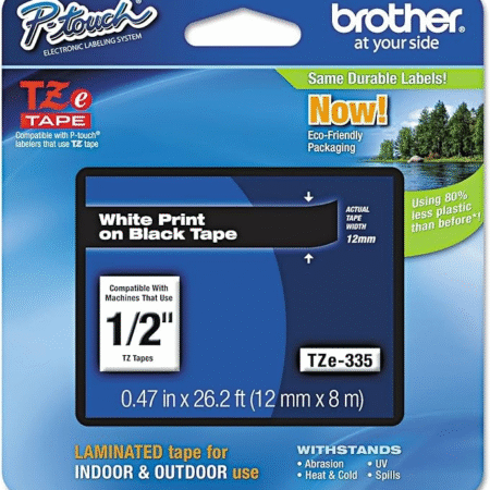 Brother P-touch TZe-335 Laminated Label Tape, 1/2" x 26.2 ft, White on Black