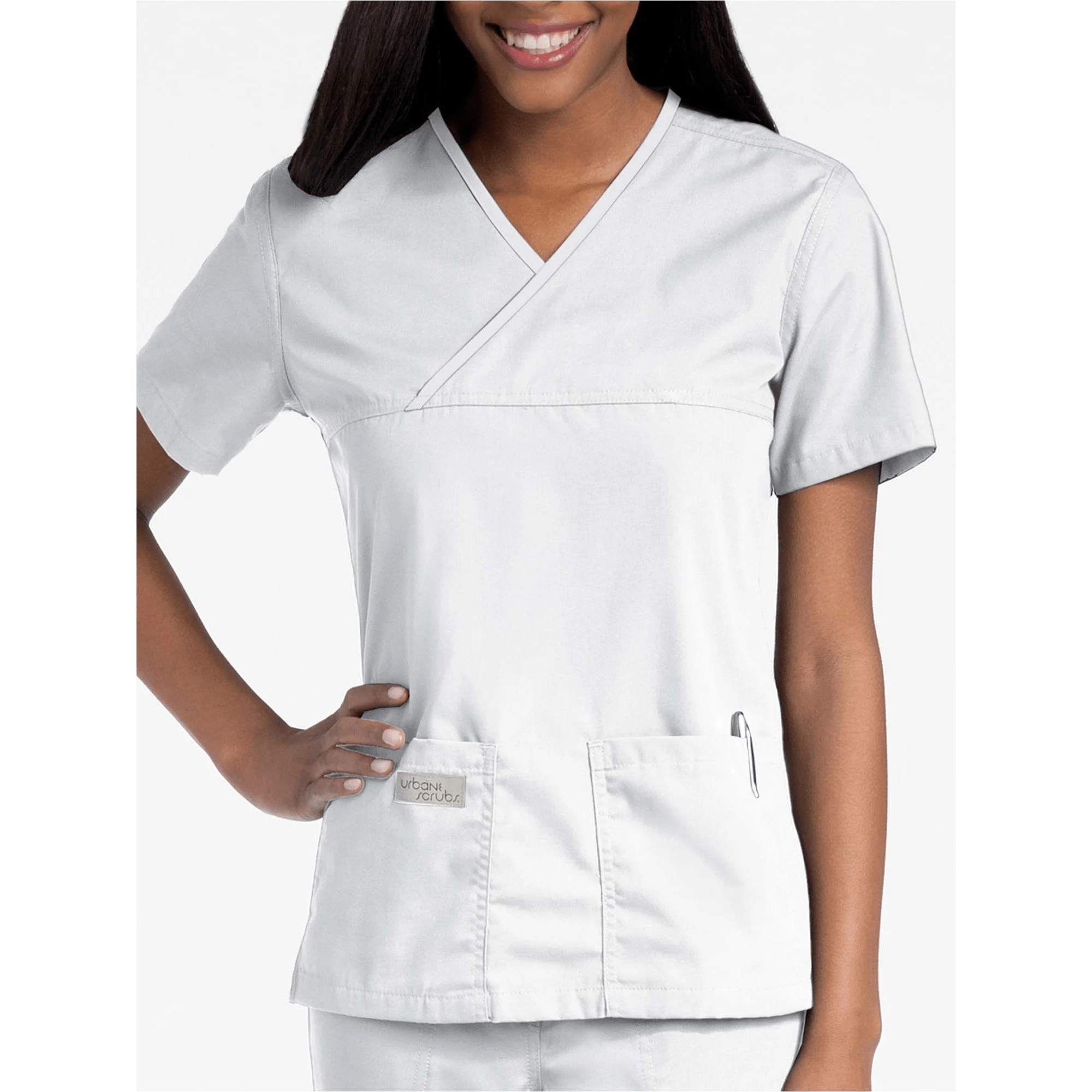 Urbane by Landau Women’s Double Pocket Crossover Scrub Top, White, Size XL