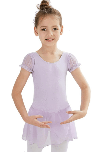 Girls Puffy Sleeve Skirted Leotard, Purple, XL