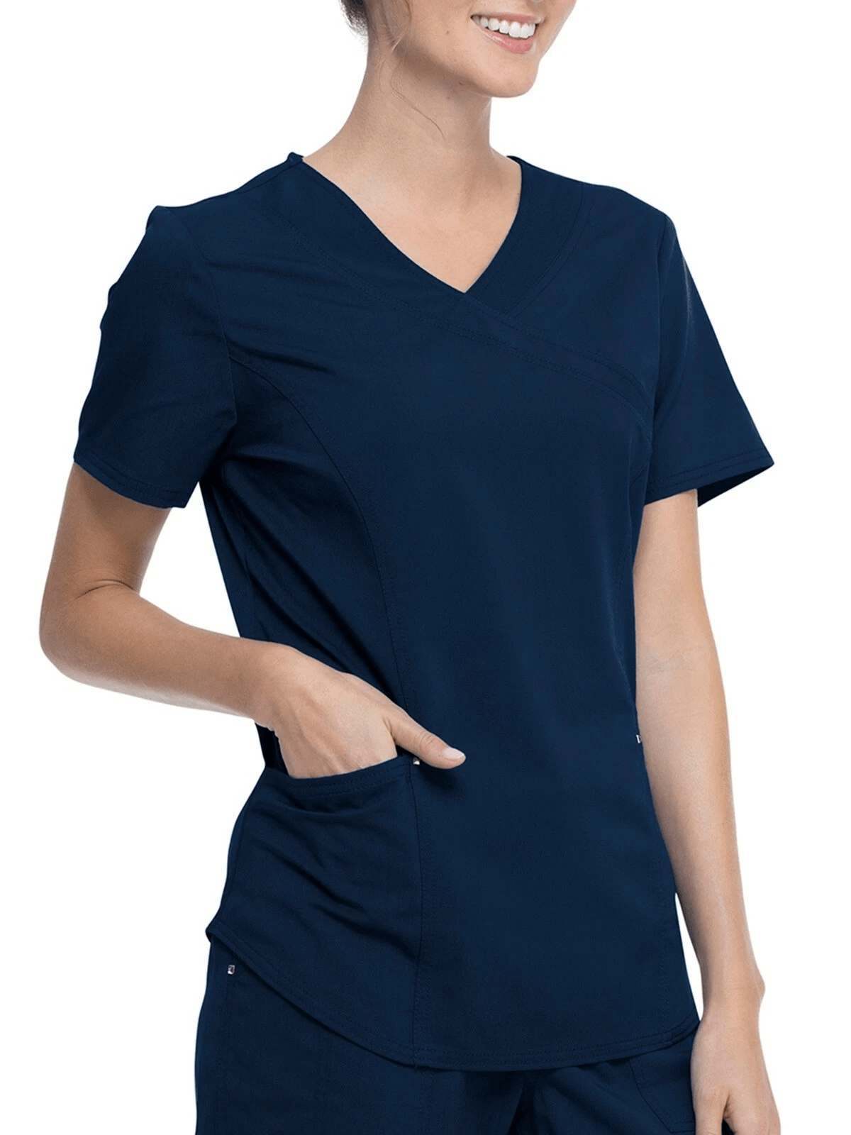 Scrubstar Women’s Short Sleeve Mock Neck Wrap Scrub Top, Indigo, L - Image 2