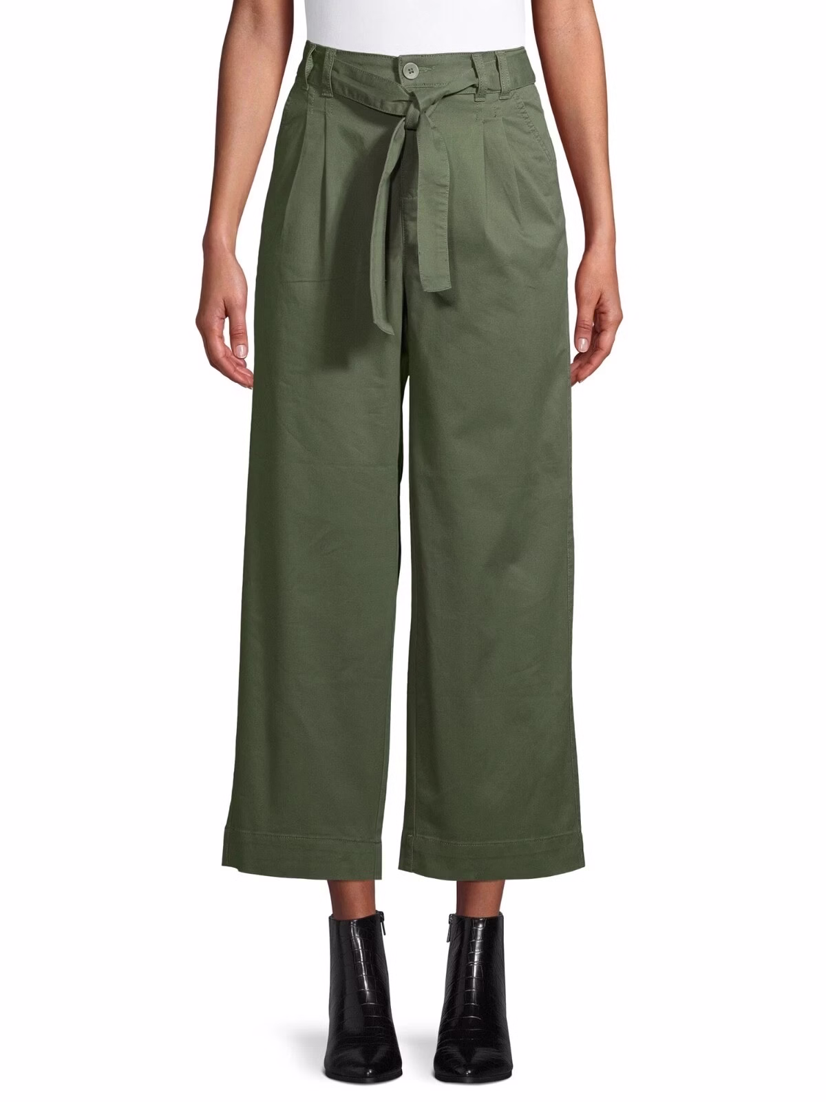 Time and Tru Women's Wide-Leg Self Belt Pants, Green, Size 14